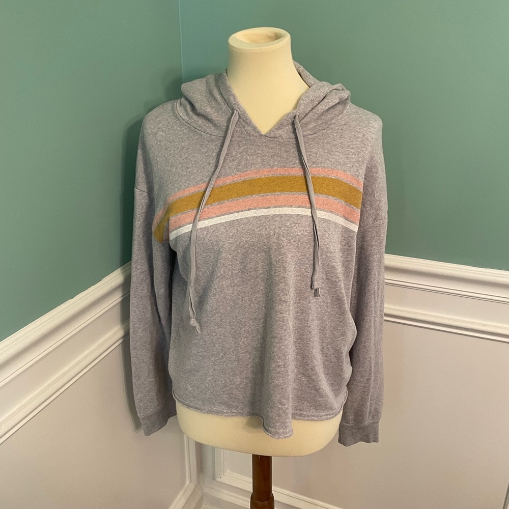 Women’s American Eagle Ahh-amazingly Soft Grey Retro Strip Hoodie Sweatshirt M